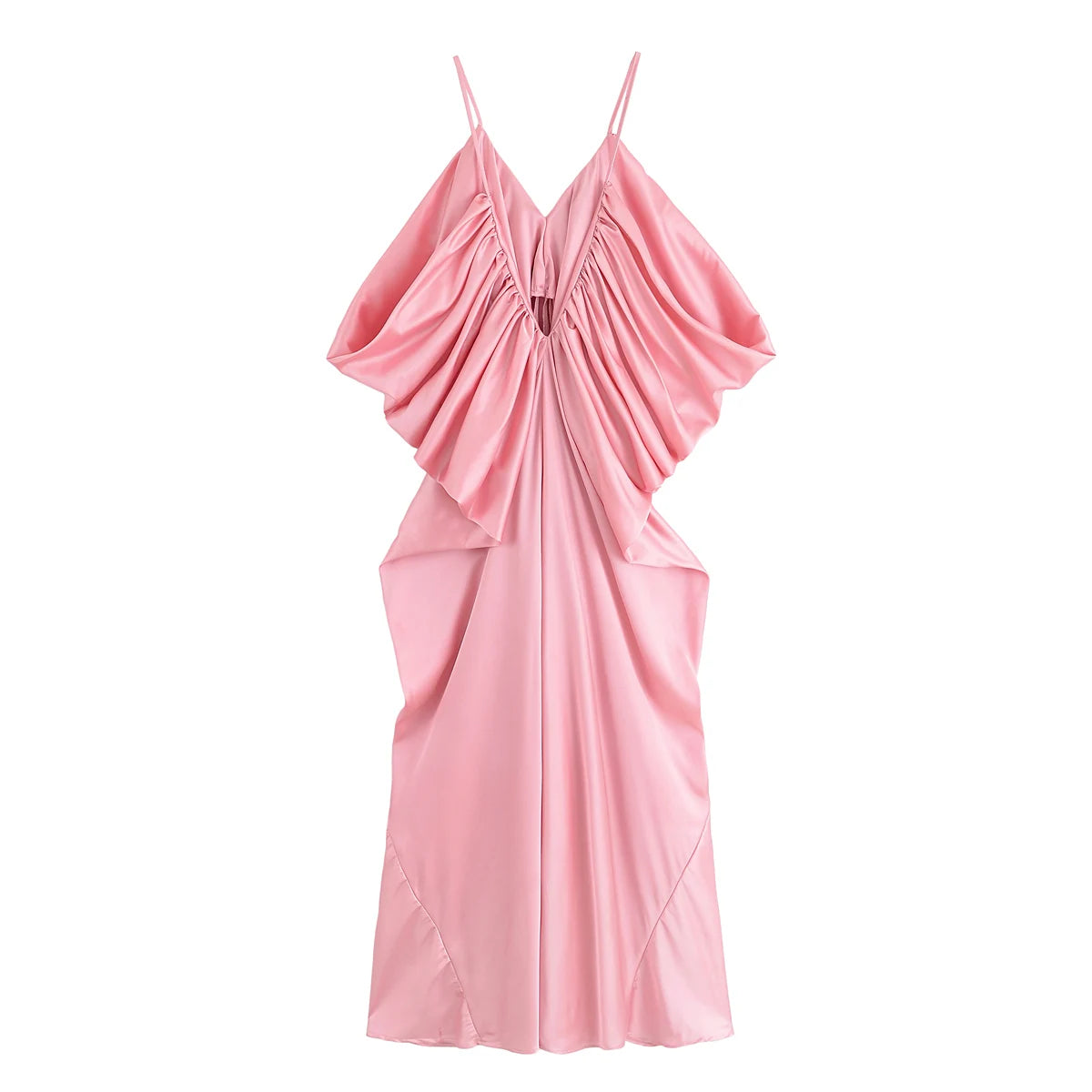 KONDALA Elegant Pleated Satin Dress Women Side Fold Pleated Suspender Long Dress 2025 Summer High Street Dating Lady Dress