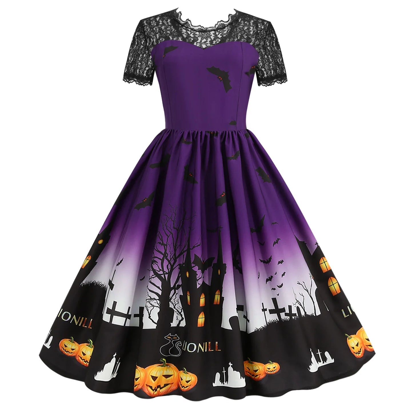 Halloween Gothic Dress Costume - Women's Retro Lace round Neck Short-Sleeved Printed Maxi Dress for Cosplay Party
