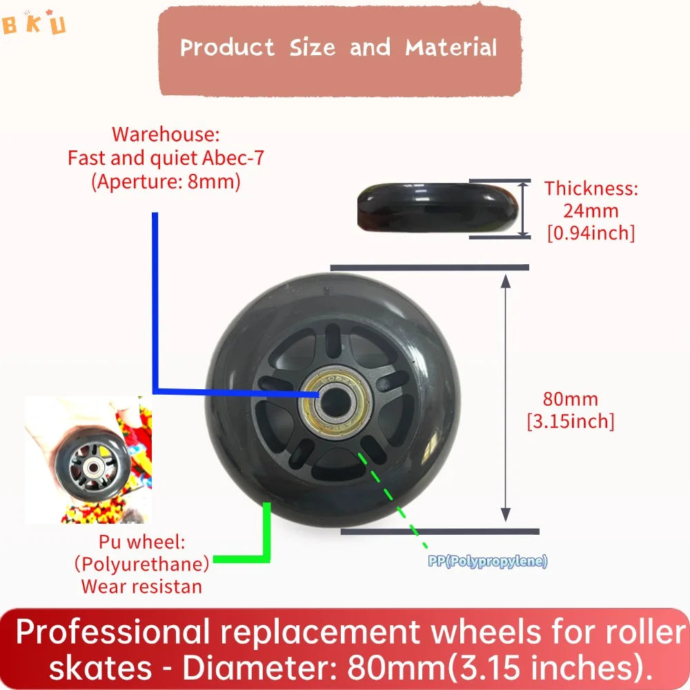 BKU 80mm PU Durable Replacement Wheels (8PCS) - Compatible with Inline Skates Scooters Strollers Suitcases