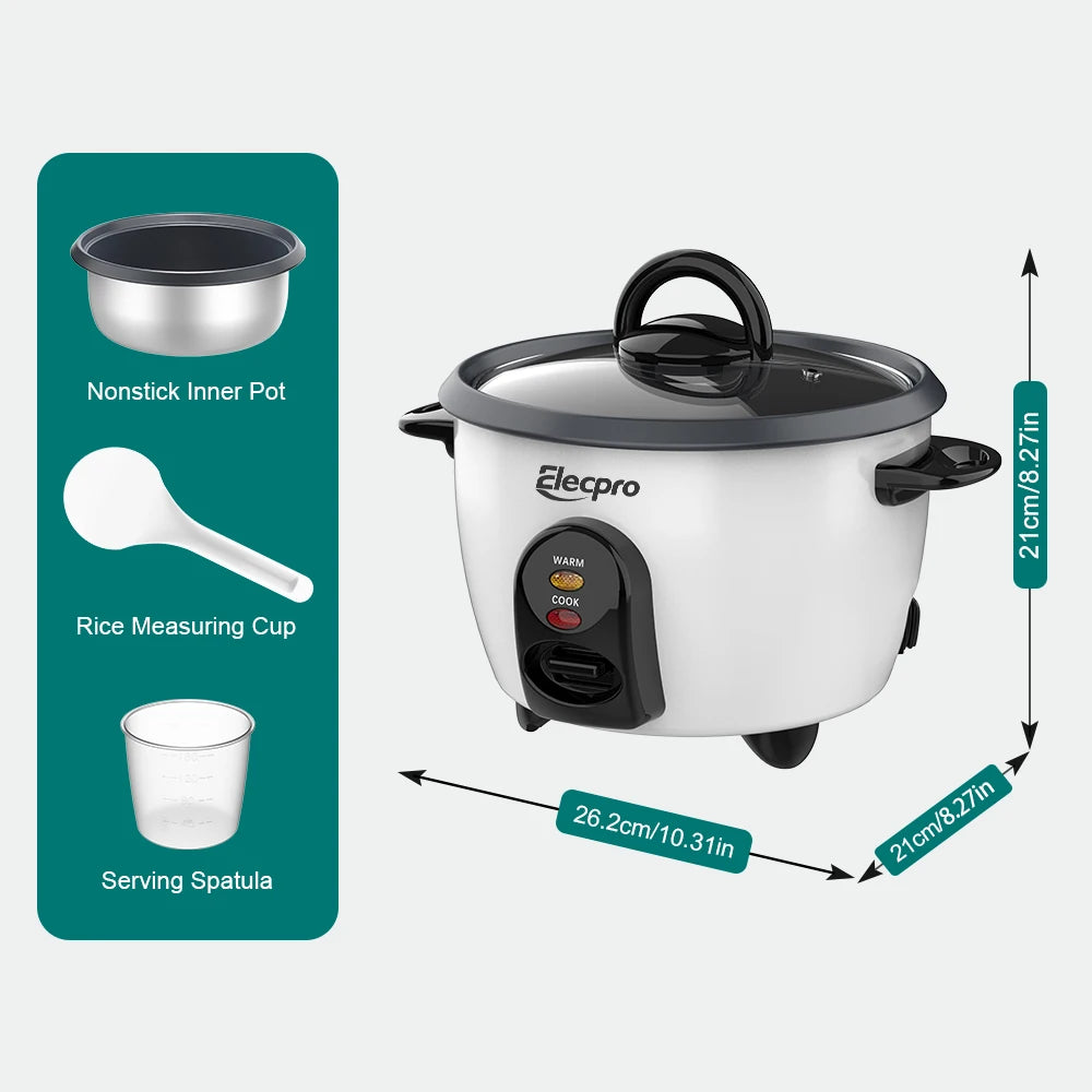 Elecpro Mini Rice Cooker 3 Cup Rice With Steamer, Portable Small Food Steamer, Removable Food Grade Non-Stick Inner Pot