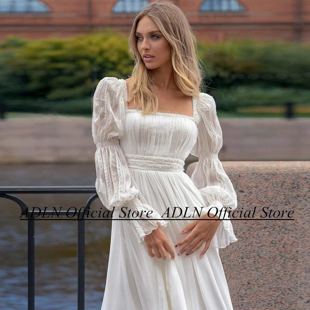 ADLN High Quality Beach Wedding Dresses Square Neck Puff Slevees Beading Pearl Sweep Train Chiffon Boho Bridal Gown Robe Mariage