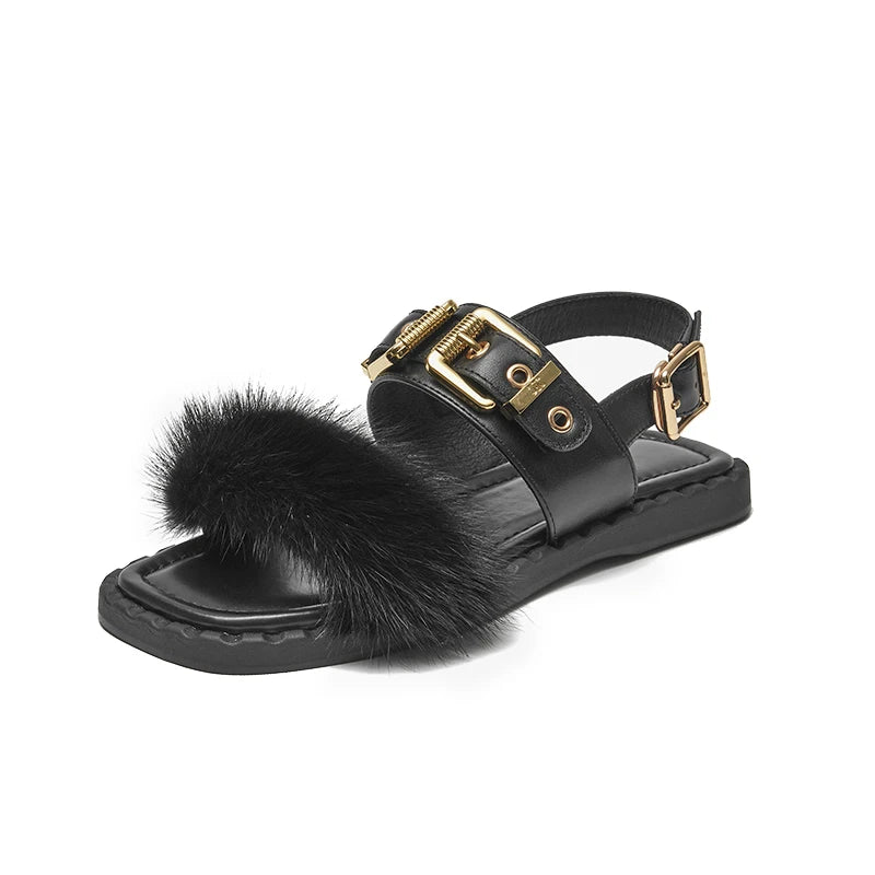 BeauToday Flat Sandals Women Cow Leather Square Toe Mink design Buckle Strap Elegant Female Furry Shoes Handmade 32372