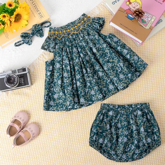 Infant Girls Summer Daily Floral 3PCS Sets Smocked Top with Shorts and Headband Infant Cotton Cute Clothes Toddler Outfit