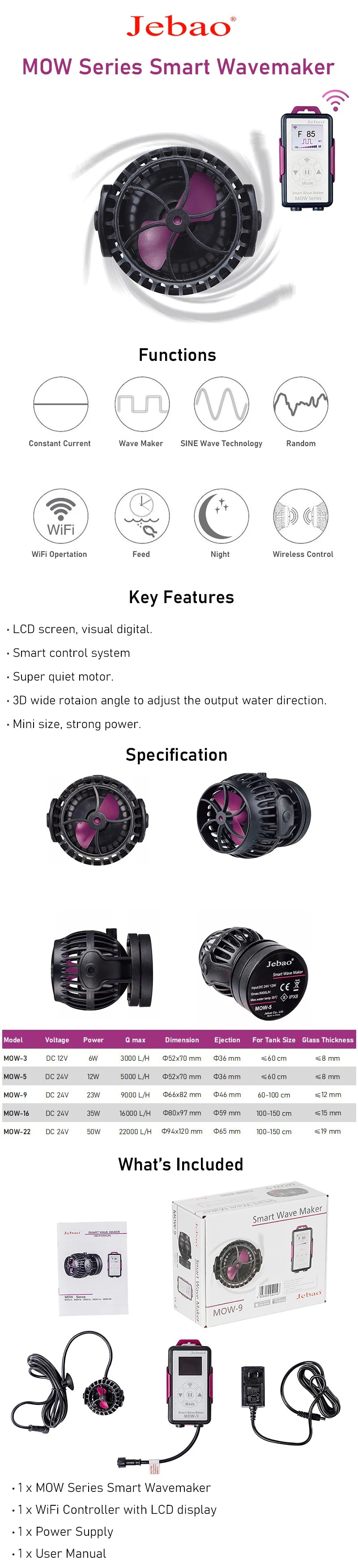 Jebao MOW-3 MOW-5 MOW-9 MOW-16 MOW-22 Series Smart WiFi Aquarium Water Wavemaker Pump with LCD Display Controller for Fish Tank