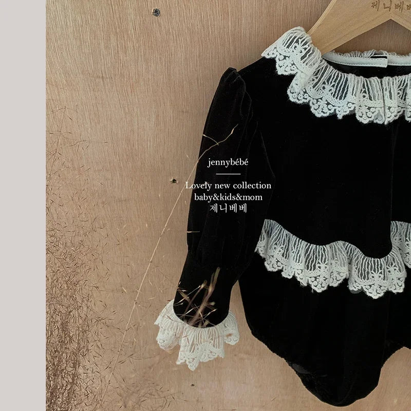 Newborn Baby Girls Lace Rompers Velvet Long Sleeve Infant One-Pieces Baby Bodysuit for Toddler Clothing Children Outfits 0-24m