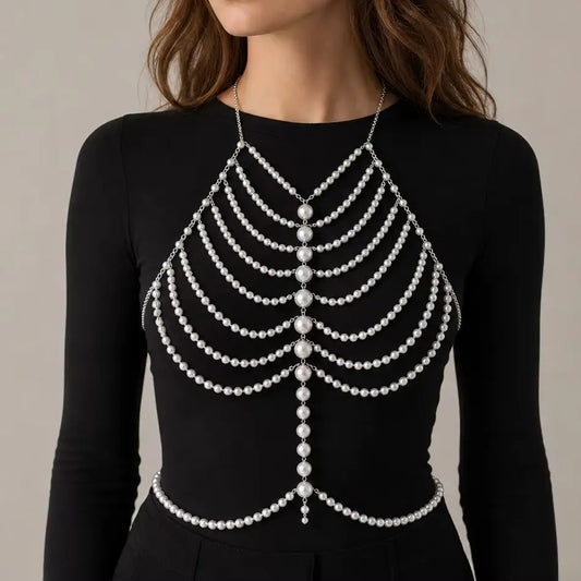 Luxe Imitation Pearl Body Chain for Women Beaded Halter Chest Chain Layered Top Bridal Wedding Party Fashion Jewelry Gift