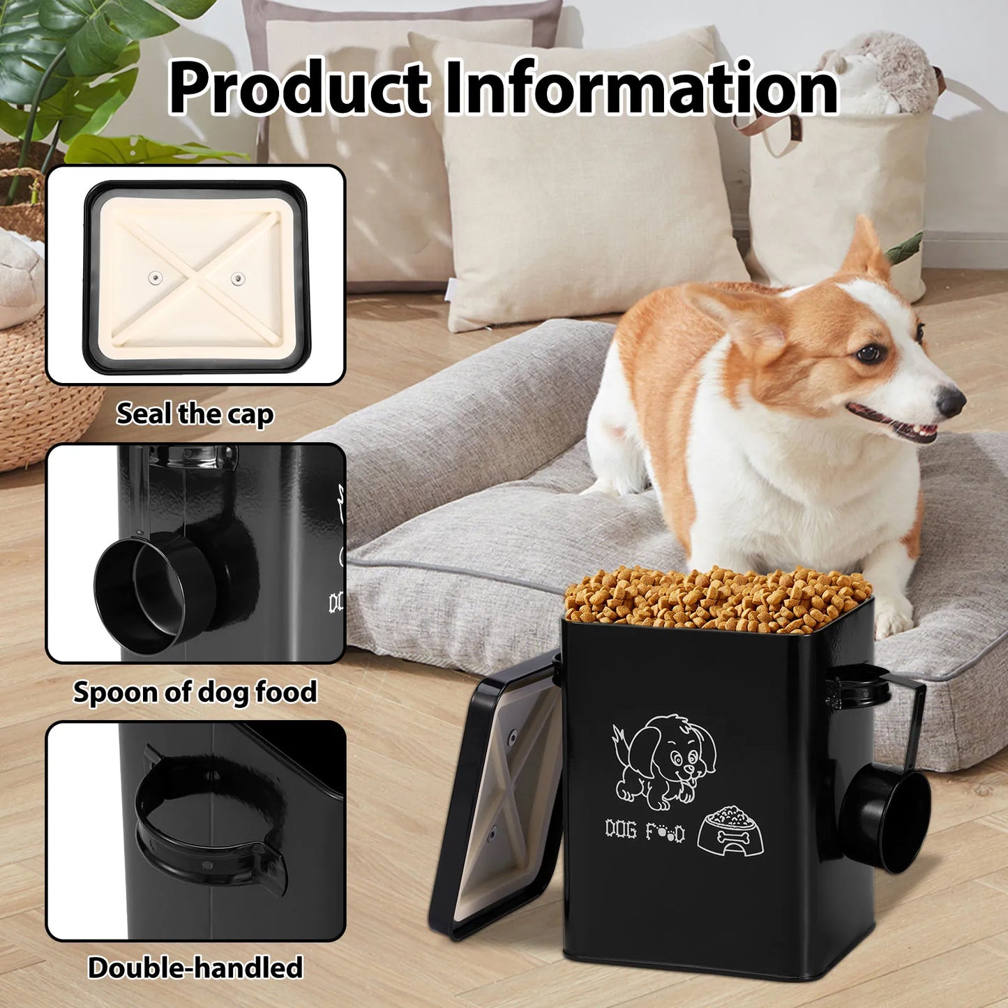 Pet Food Storage Box Metal Dog Food Storage Container Large Capacity Sealing Square Cat Food Organizer with Lid and Spoon
