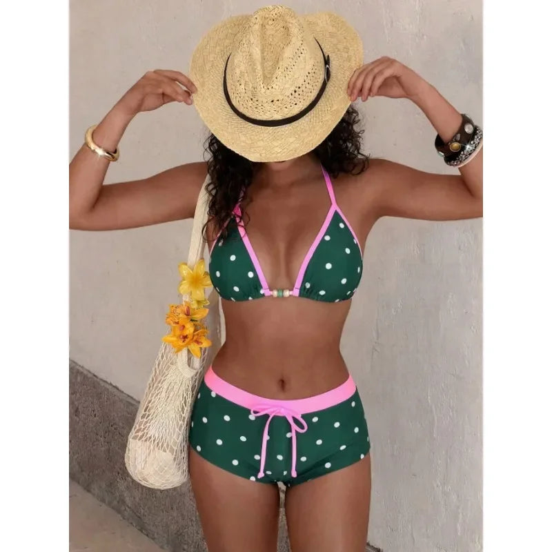 2026 New Beach Bathing Suit Women Polka Dot Halter Lace Up Swimsuits Bowknot Bikinis Swimsuits Print Beachwear Summer Swimwear