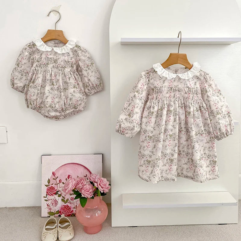 0-6Y Family Sister Matching Flower Dress Newborn Baby Girl Jumpsuit Sisters Clothes Princes Cotton Baby Dress Autumn Baby Dress