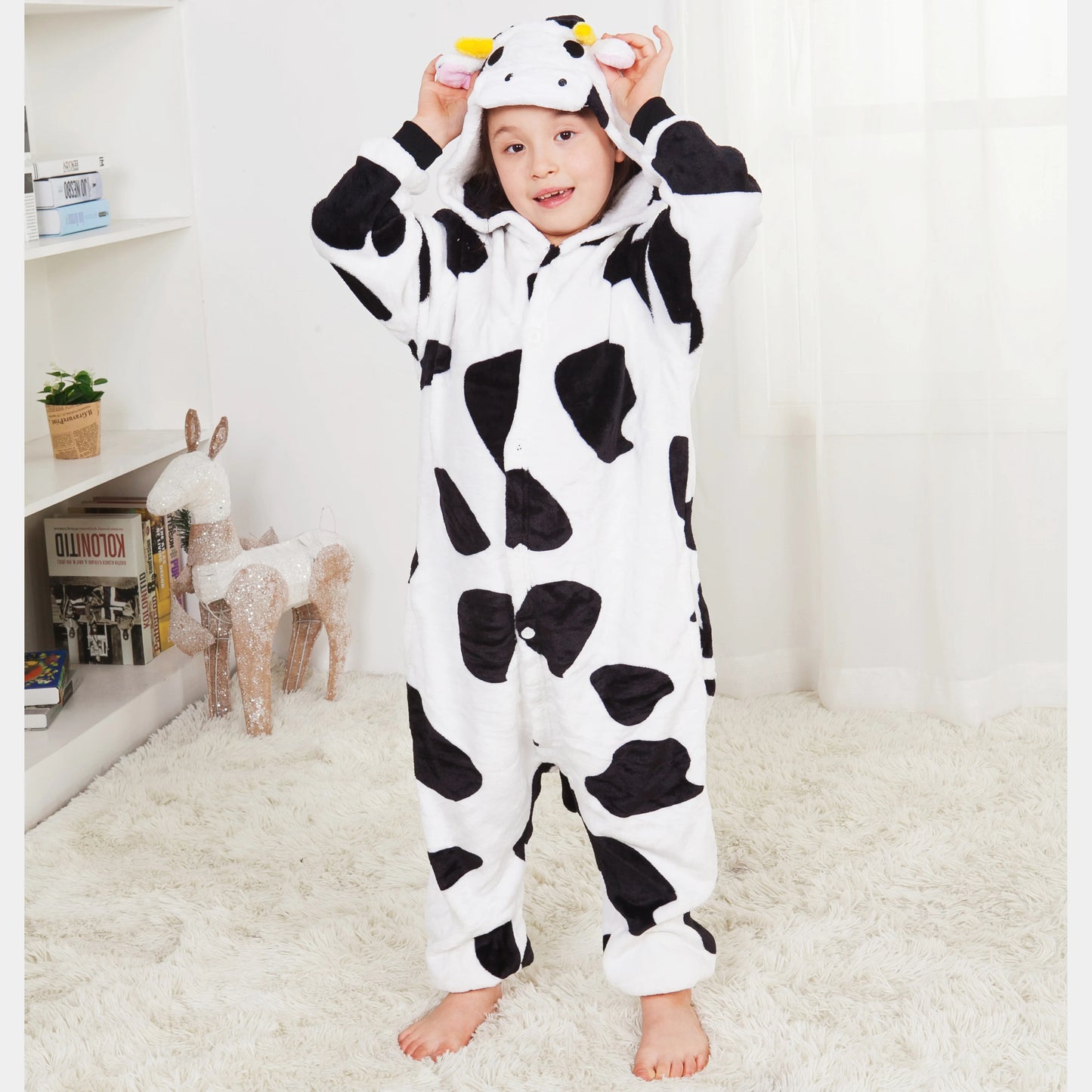 Children's One-Piece Sleep Suits Kids Cute Cow Flannel Cartoon Animal Pajamas Halloween Christmas Performance Onesies Costumes