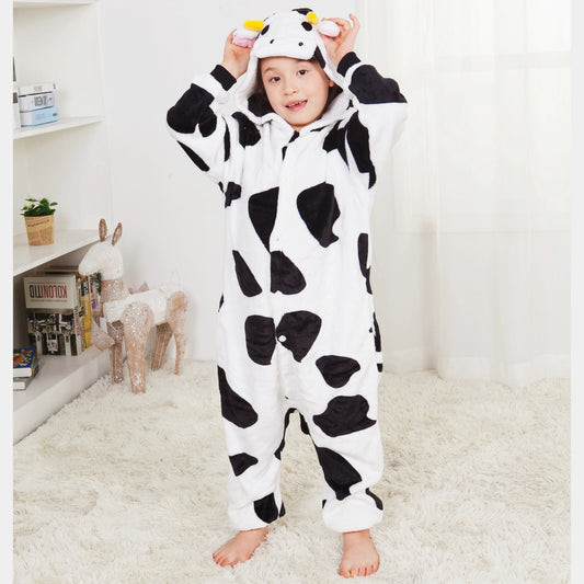 Children's One-Piece Sleep Suits Kids Cute Cow Flannel Cartoon Animal Pajamas Halloween Christmas Performance Onesies Costumes