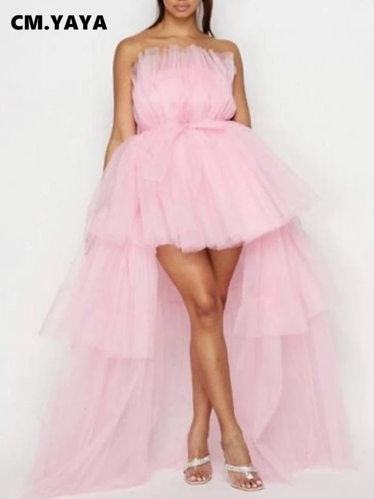CM.YAYA Women Strapless Mesh Ball Gown High Low Irregular Cocktail Dress 2023 Autumn Vestidos Sexy Party Even Dresses