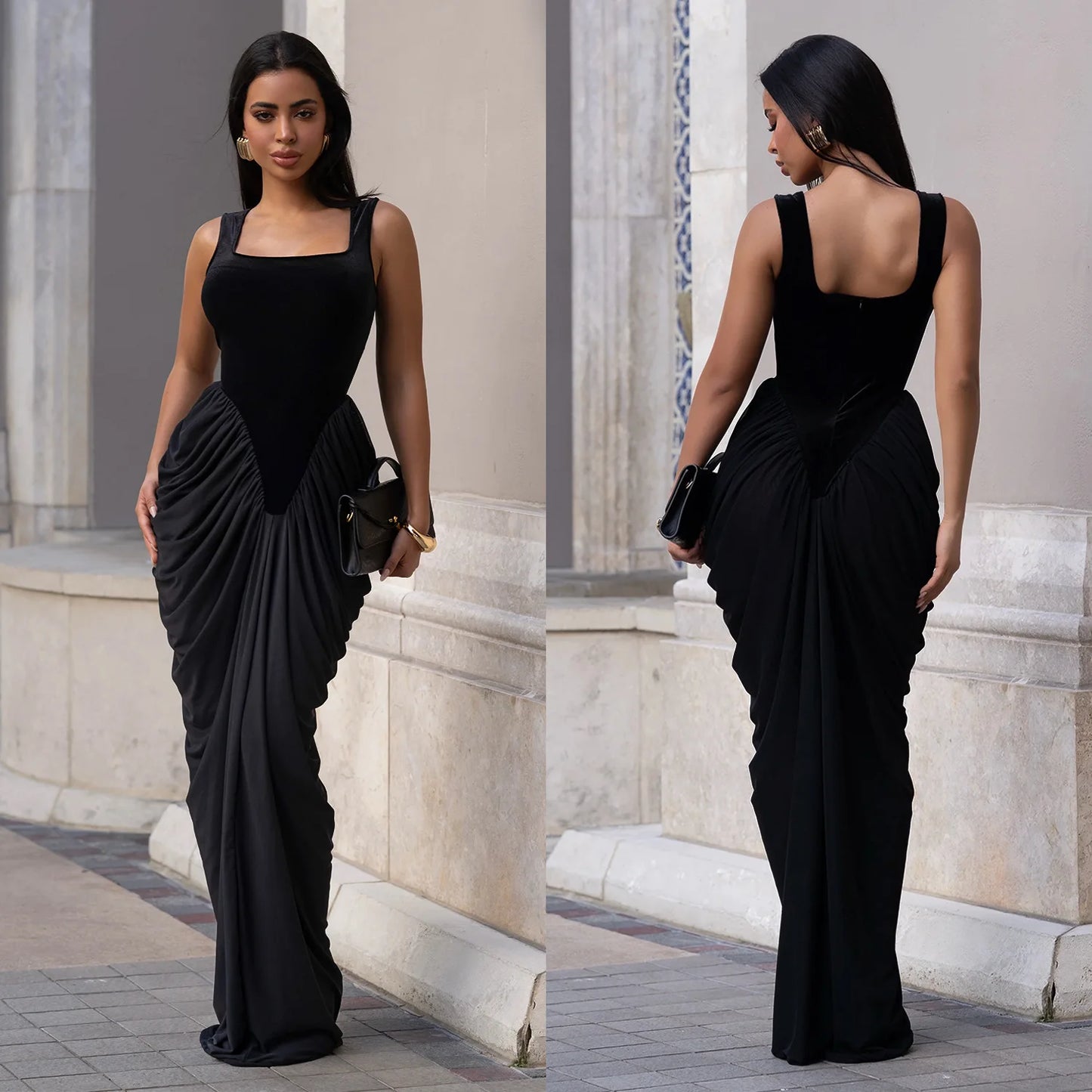 GLCMYAYA Women Velvet Stacked Ruched Sleeveless Bodycon Long Maxi Dresses 2026 Fall Party Trendy Birthday Evening Dress Vestidos
