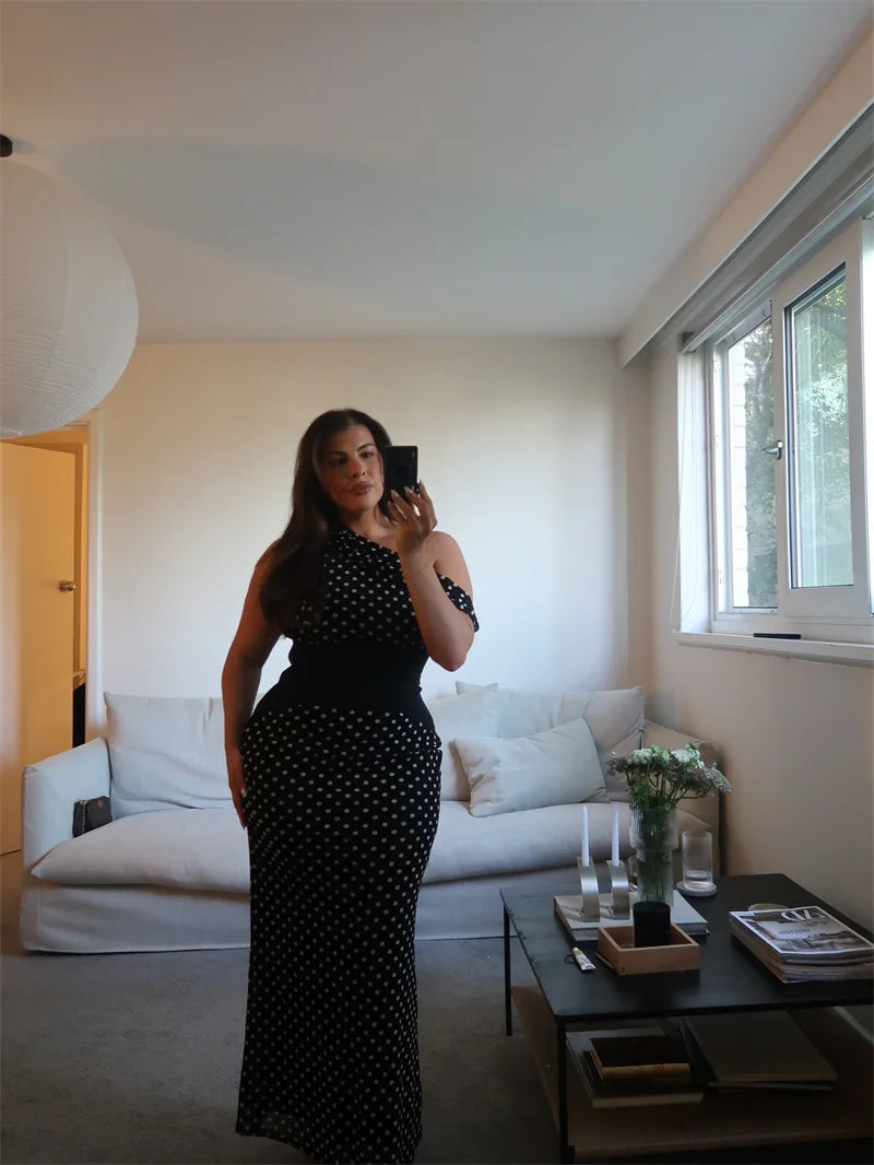 Blifanbo Polka Dot Halter Backless Sexy Maxi Dress Women Gown Ribbon Patchwork Off-shoulder Sleeveless Fashion Club Party Dress