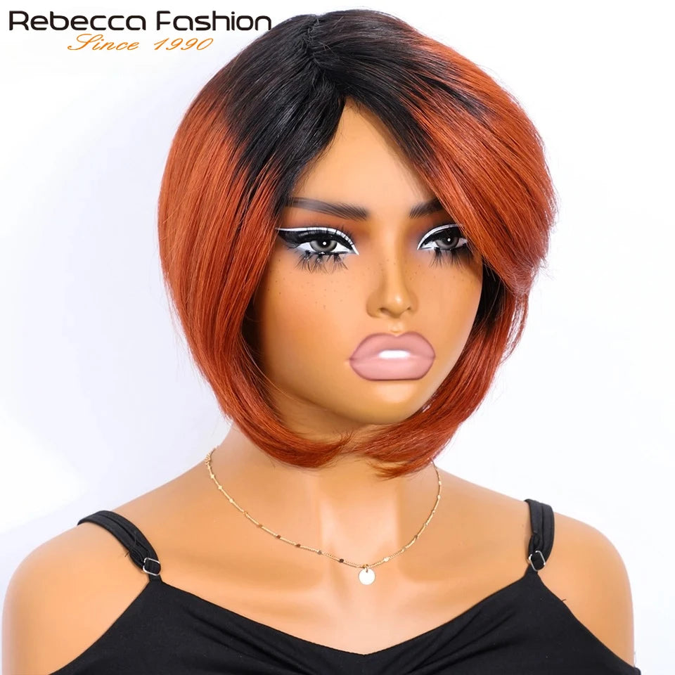 Short Straight Bob Human Hair Wigs With Bangs Full Machine Made Side Part Bob Human Hair Wigs For Women Beginner Friendly