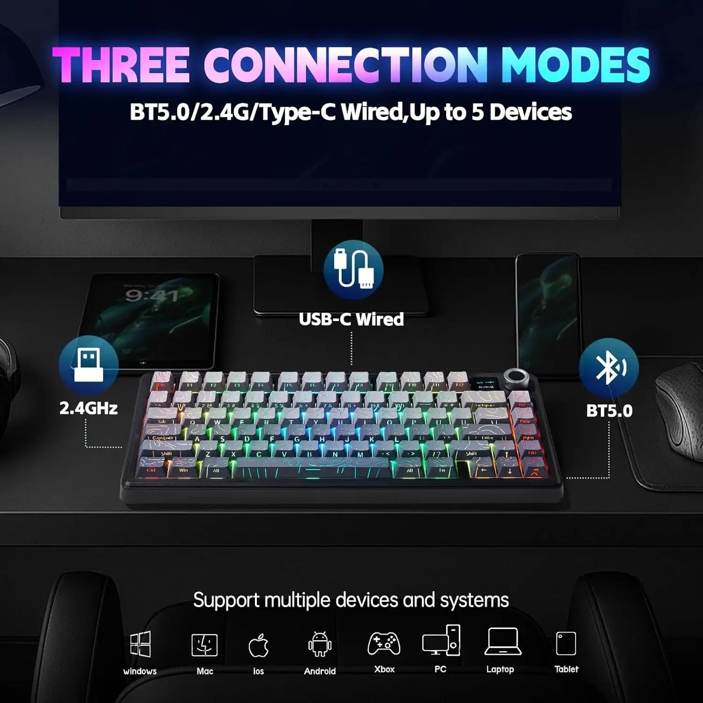 Aula F75 MAX Wireless Gaming Keyboard With Smart Digital Screen and Knob 75% Hot Swappable 3Mode RGB Backlit Mechanical Keyboard