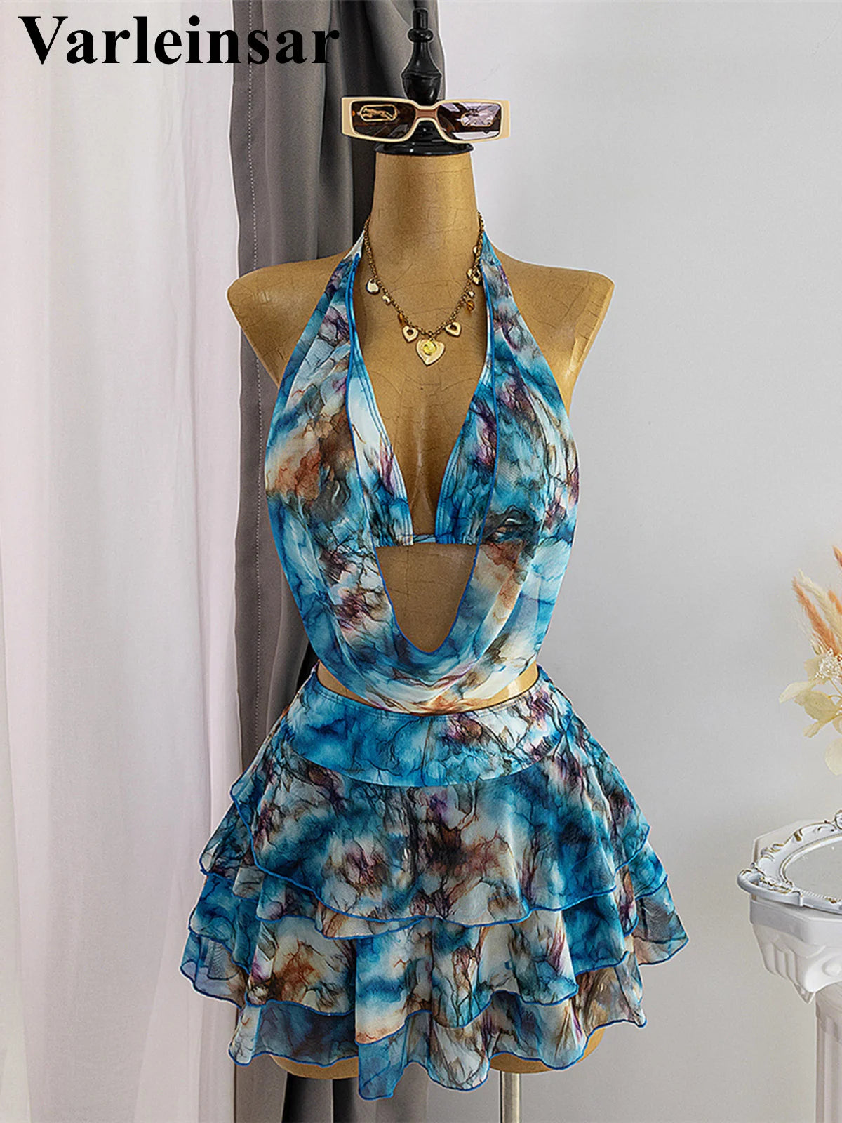 S - XL With Skirt Printed Halter Bikini Female Swimsuit Women Swimwear Three-Pieces Bikini Set Bather Bathing Suit Swim V8184