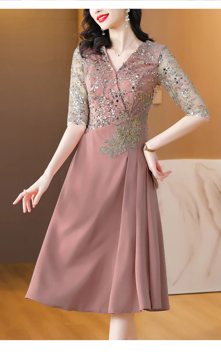 Summer New Sequins Luxury Chic Evening Wedding Dress 2024 Women's Elegant Bodycon Midi Dress Satin Vintage Casual Party Vestidos