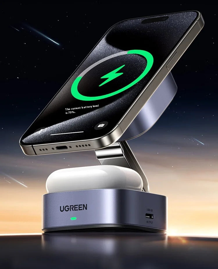 UGREEN Qi2 25W Magnetic Wireless Charger Stand Magsafe Fast Charger 2-in-1 Charging Stand For iPhone 16Pro 15 Pro Max/AirPods