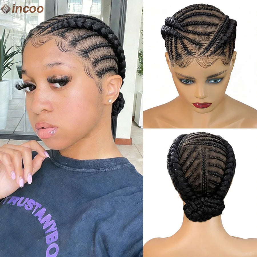 Synthetic Handmade Bantu Braided Wigs Full Lace Cornrow Braids Full Lace Wigs Bun Box Braids Wigs With Baby Hair For Women 12''