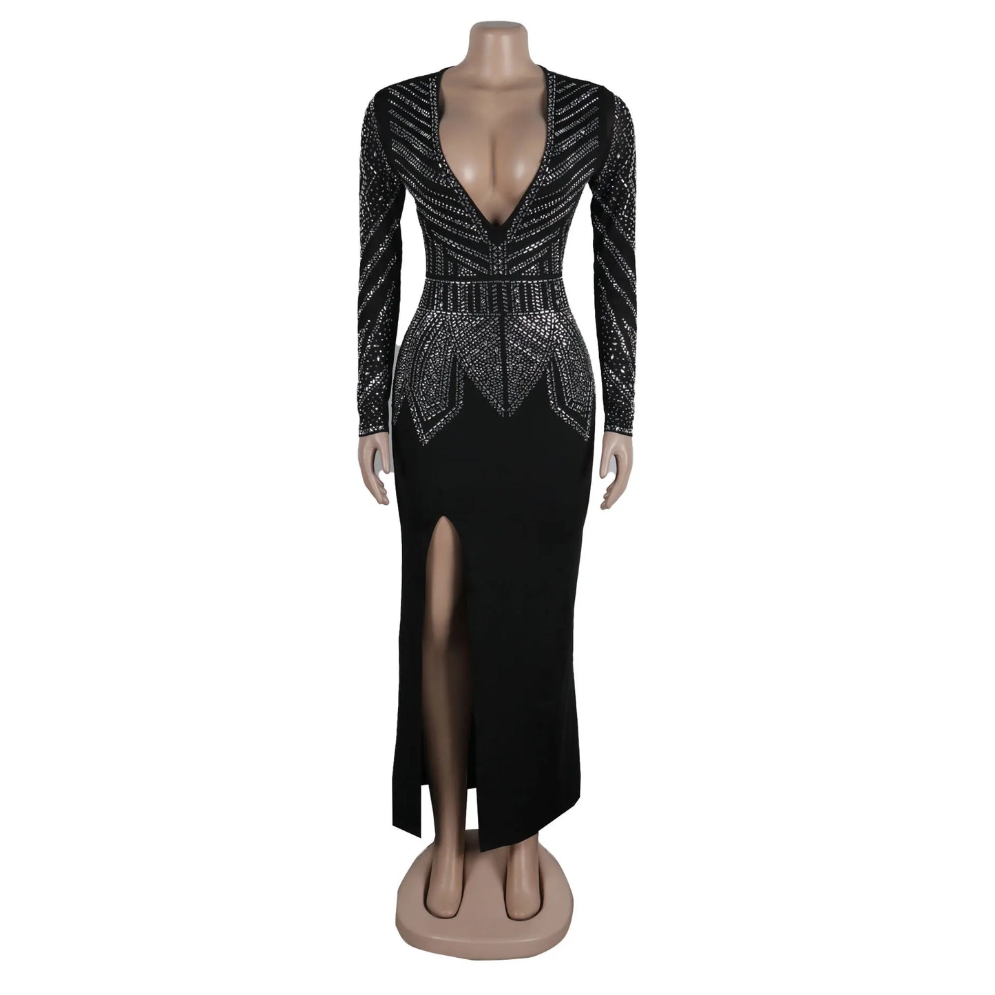 HBLL Elegant Women Deep V-neck Long Sleeve Split Diamonds Hot Rhinestone Maxi Dress Luxury Celebrity Evening Party Wedding Dress