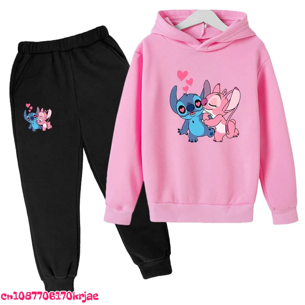 2025 Stitch Children's Hoodie Clothing Leisure Outerwear Black Sweatshirt +pants Set Suitable 3-12 Years Boys Girls Gift Spring