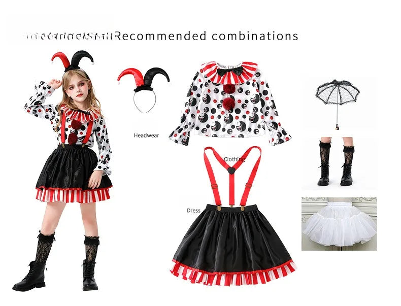 Halloween Cosplay Costumes Horror Clown Dresses Pants Headwear Clothes Sets Carnival Theme Party Role Playing Outfits for Girls