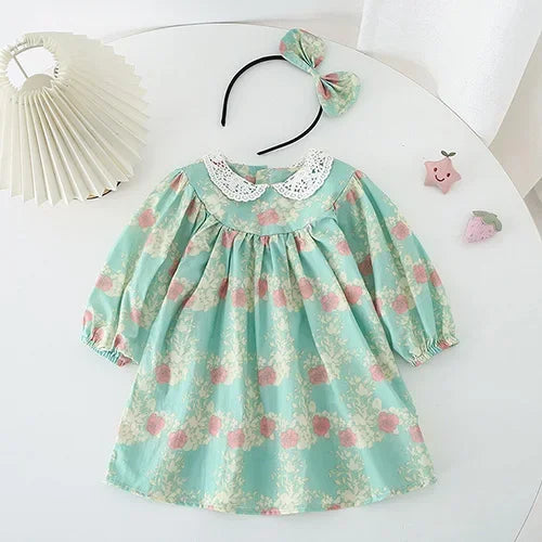 2025 New Spring Baby Sisters Dress 1-5Yrs Girl Party Dress Long Sleeved Cotton Rose Print Romper Sisters Kids Princess Dresses