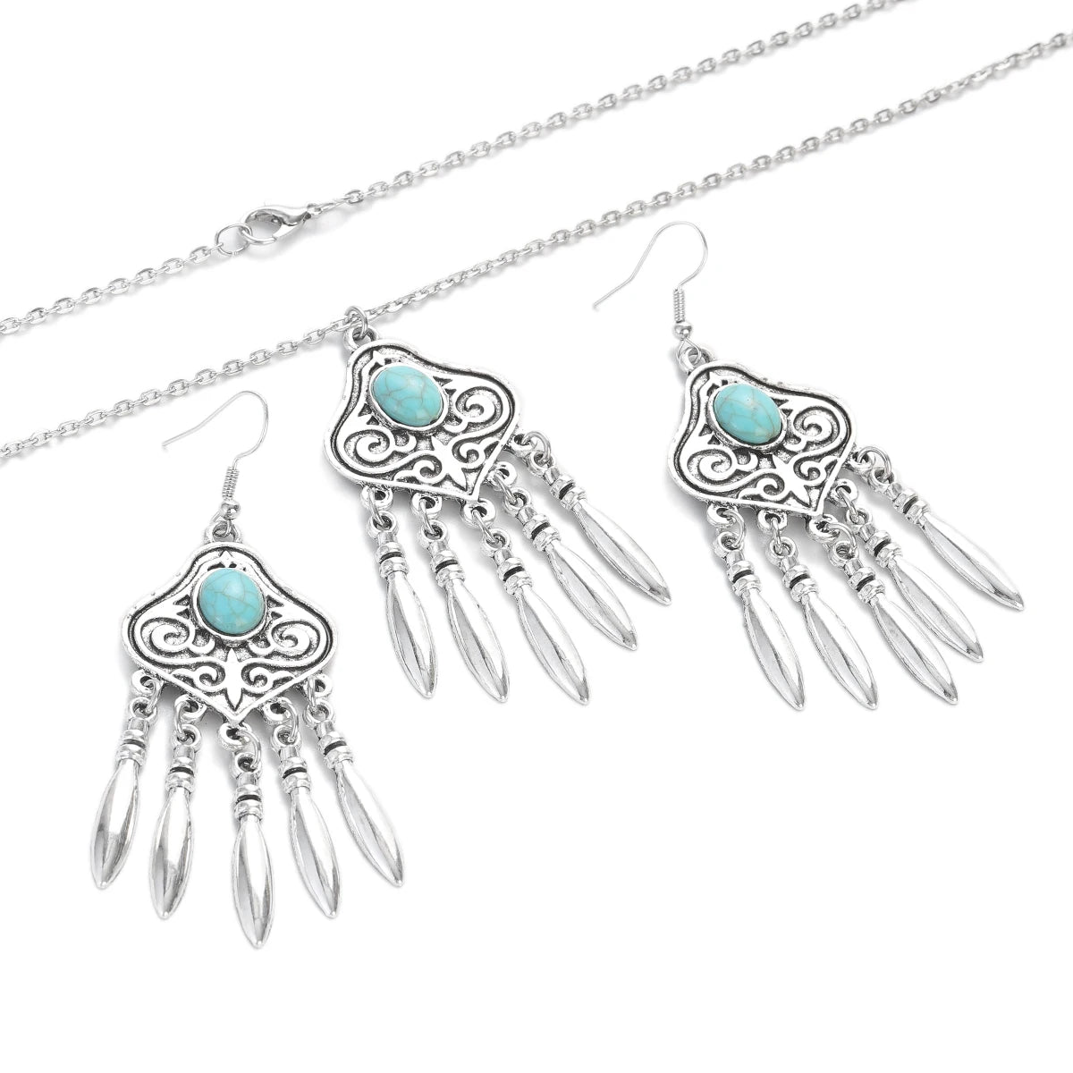 2023 Indian Jewelry Set Ethnic Silver Plated Geometric Carved Tassel Earring Necklace Women's Blue Turquoises Chain Jewelry