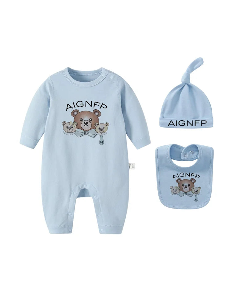 Cute Bow Bear Romper Newborns Clothes Autumn 2025 Hot Sale New Toddler Jumpsuit Hat Bib scarf Set Baby Girls Long sleeves Romper