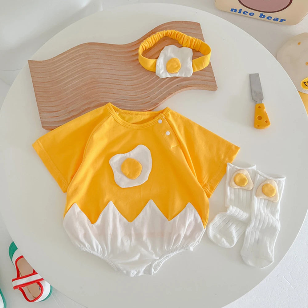 Summer Baby Newborn Romper Fried Egg with Headband Yellow Toddler Clothing Short Sleeve Infant Bodysuit Set 0-2Y Cute Jumpsuit