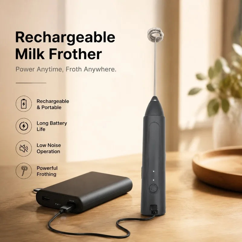 Electric Coffee Frother 2 In 1 Rechargeable Type-C Blender Stainless Steel 3 Speeds Milk Mixer Egg Beater Handheld Foam Maker