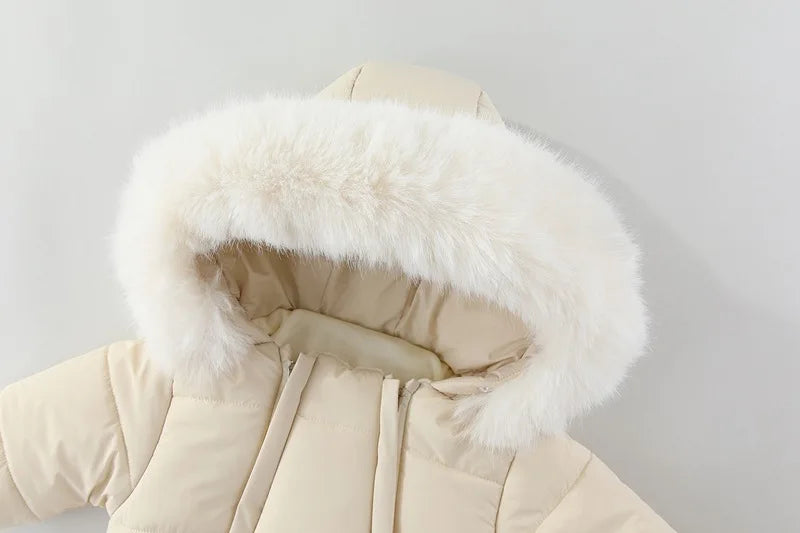 Newborn Baby Winter Snowsuit Furry Hooded Double Zipper Boys Girls Cotton Padded Jumpsuit 0-2Y Kids Warm Outwear Romper