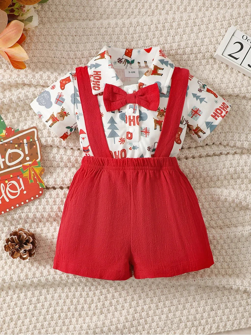 2PCS Newborn Baby Boy Christmas Clothing Set Short Sleeve Christmas Bodysuit+Overall Cute Holiday Party Wear for Baby 0-18Months