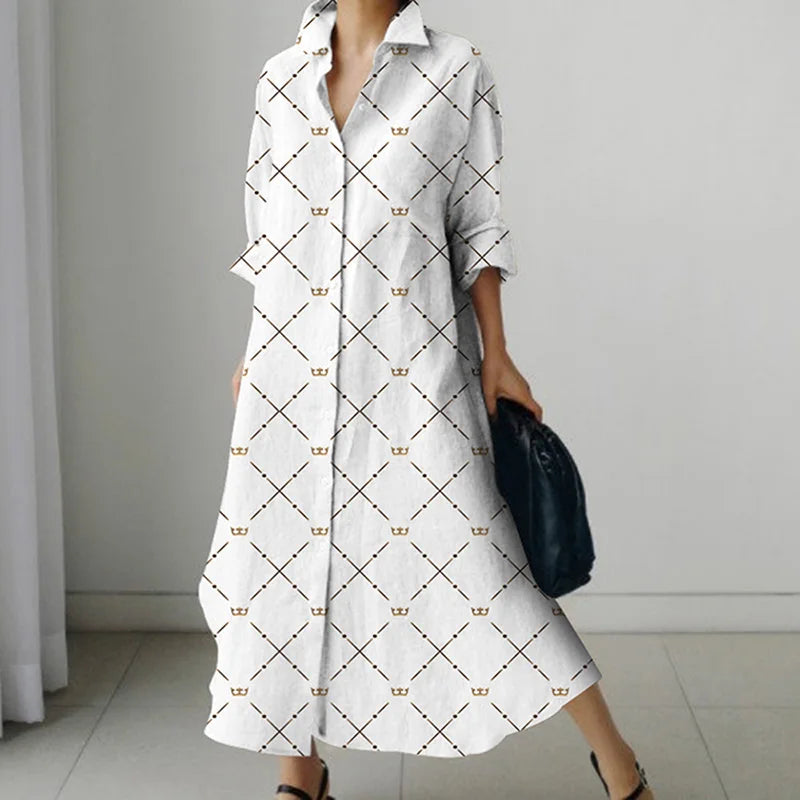 Women's Shirt Dress 2023 Trendy Patchwork Vintage Spot Print Shirt Fall Out Office Dress Loose Casual Lapel Pocket S-5Xl