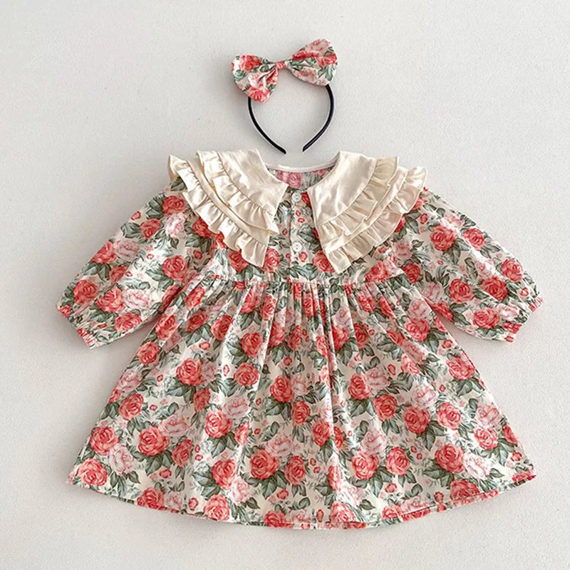 2025 New Spring Baby Sisters Dress 1-5Yrs Girl Party Dress Long Sleeved Cotton Rose Print Romper Sisters Kids Princess Dresses