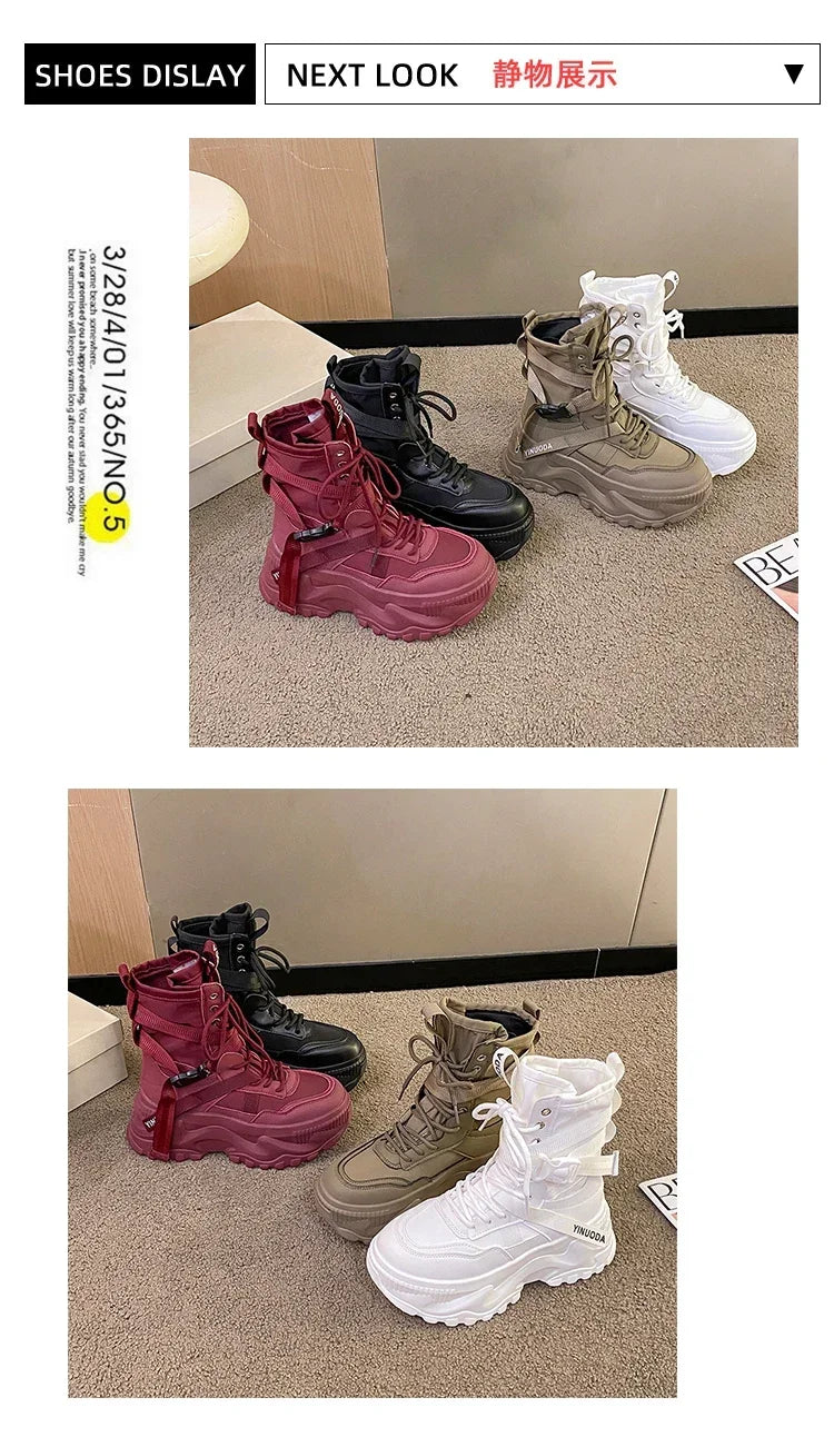 Hot Fashion Women Chunky Platform Motorcycle Boots White Lace Up Thick Bottom Shoes Woman Autumn Winter Ankle