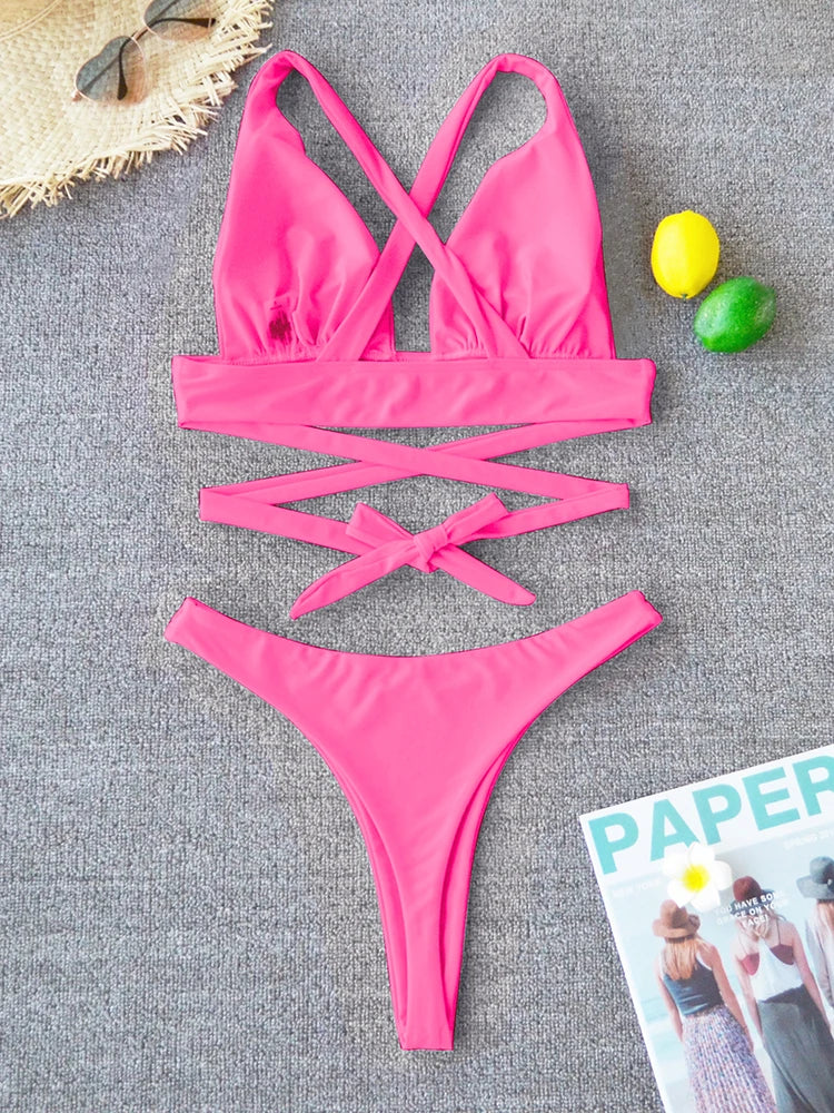 Sexy Bikini 2025 Solid Swimsuit Female Swimwear Women Push Up Bikini Set Cross Bandage Bathing Suit Beach Wear Swimming Suit