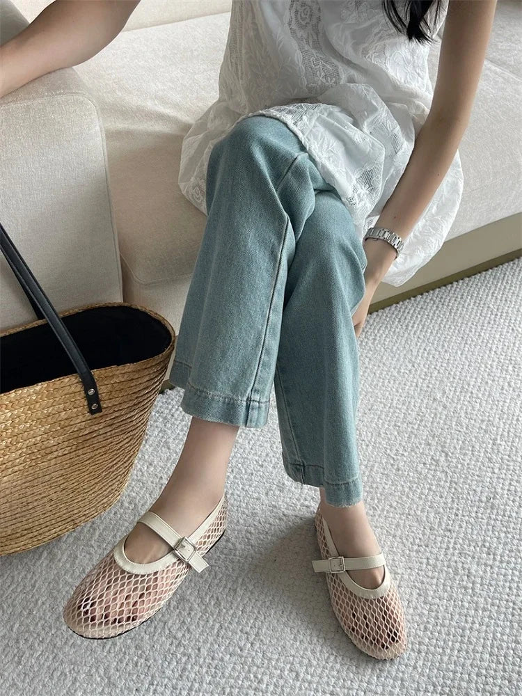 Aneikeh BIG Size 35-43 Jelly Color Fishing Ballet Dance Women's Mesh Buckle Flat Hollow Out Retro Mary Jane Shoes