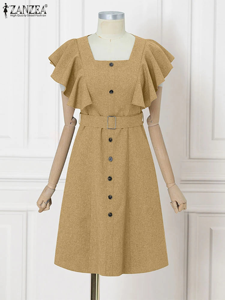 ZANZEA Elegant Women Office Lady Dress Summer Short Sleeve Ruffled Vestidos Casual Solid Color Square Collar Party Midi Sundress