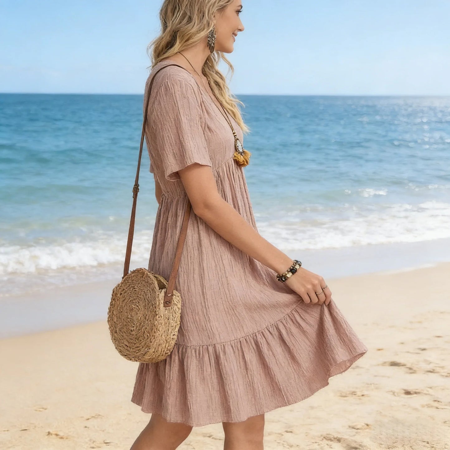 Solid Color Casual Summer Dresses for Women 2026 Elegant V Neck Short Sleeve Beach Dresses Woman Comfortable Loose A-line Dress