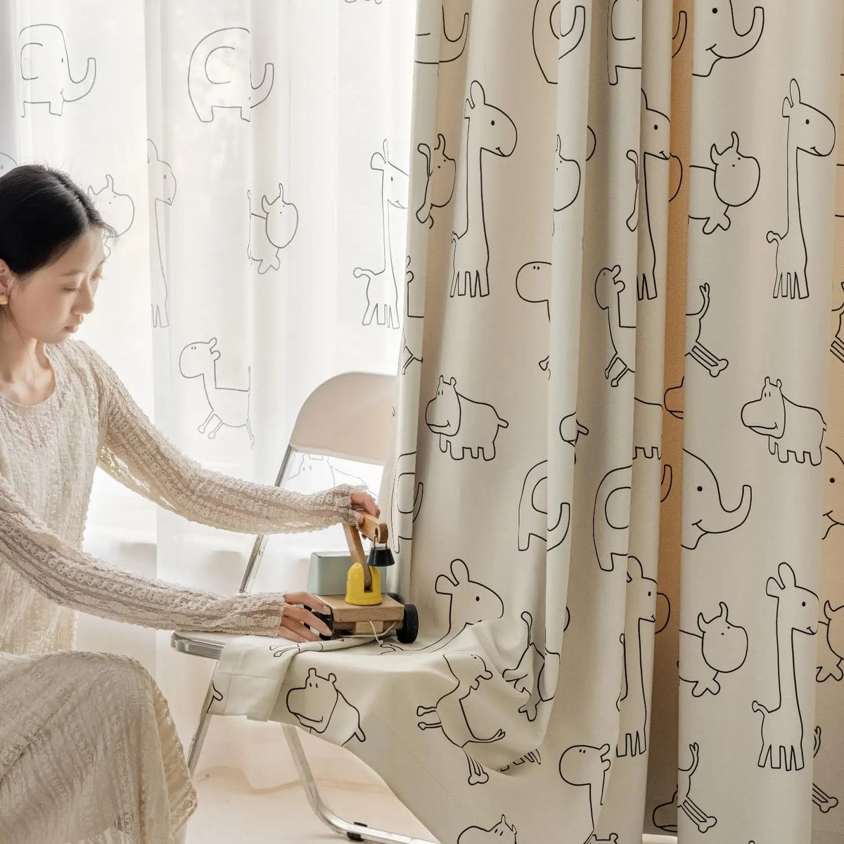 Cartoon Animals Pattern Semi-Blackout Curtains for Kids Bedroom, Beige Window Treatment Drapes for Boy Girl Window Nursery Room