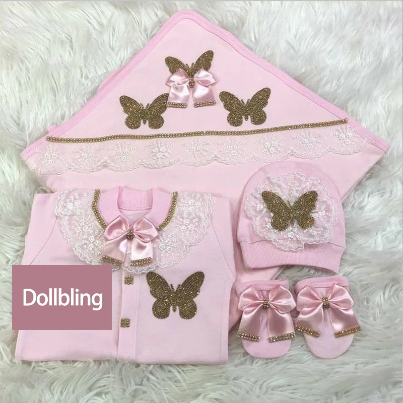 5pcs Newborn Baby Embroidery Lace Romper Outfit Clothing Cotton Infant Wrapped Baby Products Pants Mittens Receiving Blanket