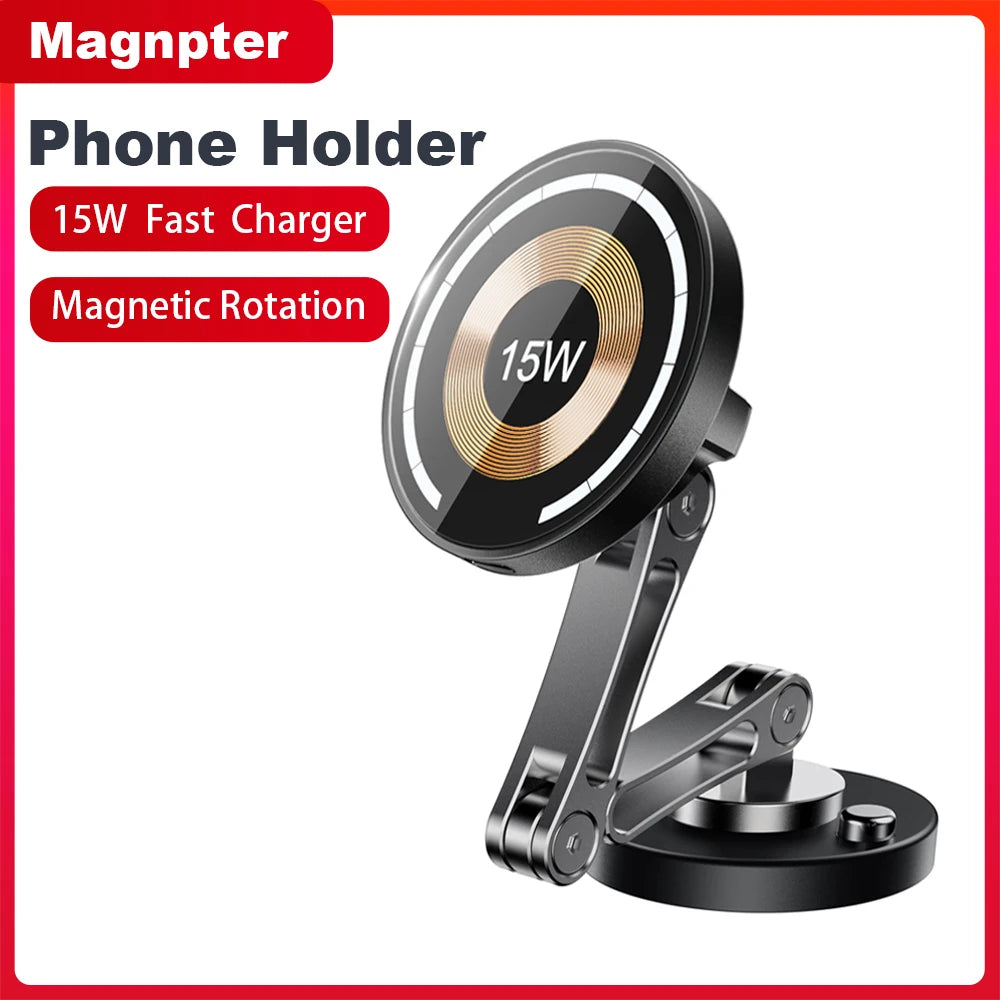 15W Magnetic Car Phone Holder Mount Wireless Charger Fast Charging Rotation Magnetic Car Phone Stand for IPhone 16 15 14 13 12