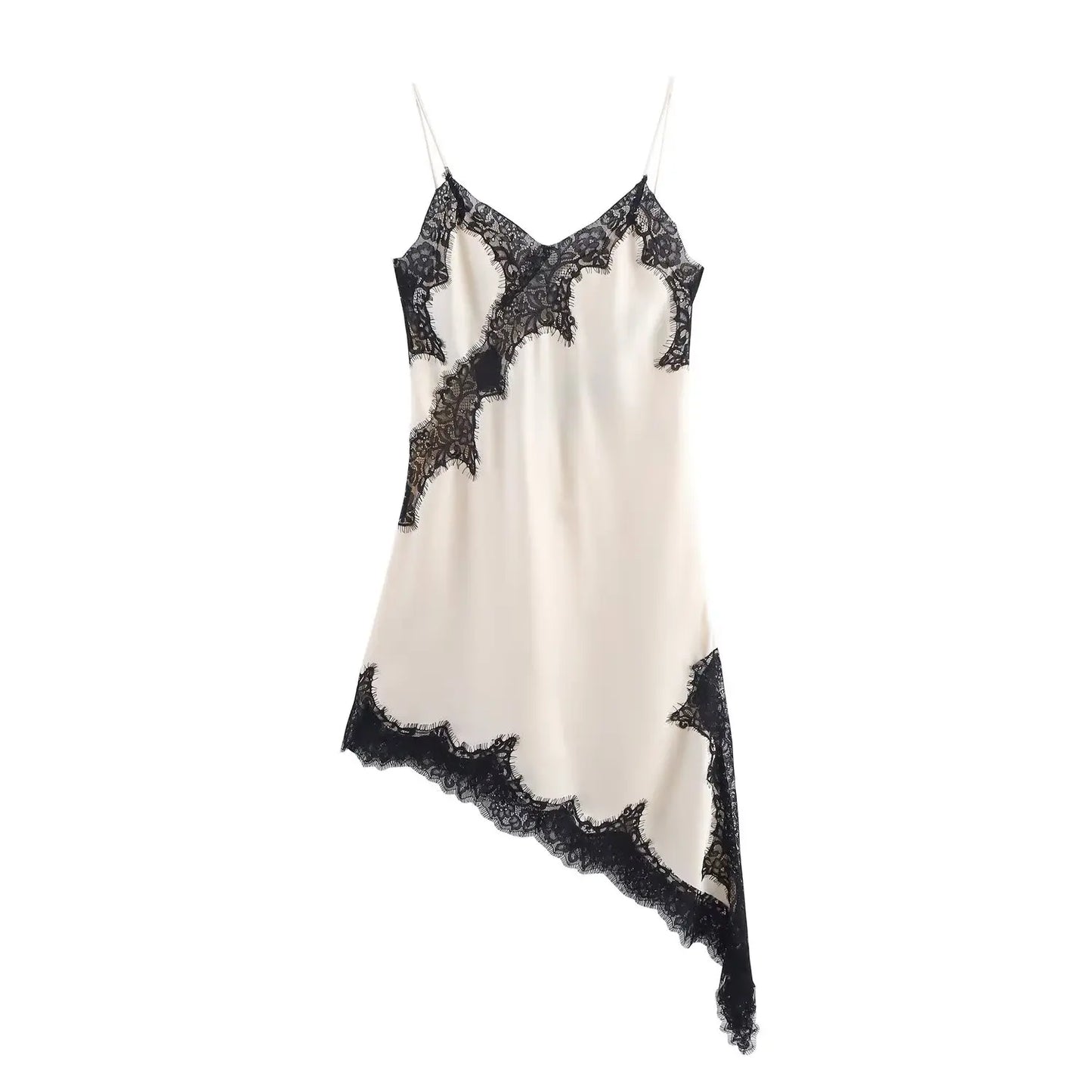 Women Satin Sexy Lace Spliced Sling Dress Sleeveless Backless Asymmetric Split Street Party Dresses 2025 Newest Lady Dress