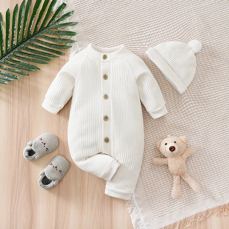Spring and Autumn Knitted Newborn 2PCS Baby Onesie+Hats Minimalist Round Neck Button Comfortable Casual Raglan sleeve design