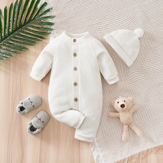 Spring and Autumn Knitted Newborn 2PCS Baby Onesie+Hats Minimalist Round Neck Button Comfortable Casual Raglan sleeve design