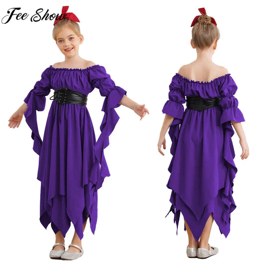 Girls Halloween Medieval Renaissance Witch Vampire Cosplay Costume Victorian Gothic Dress Off Shoulder Smocked Irregular Gown