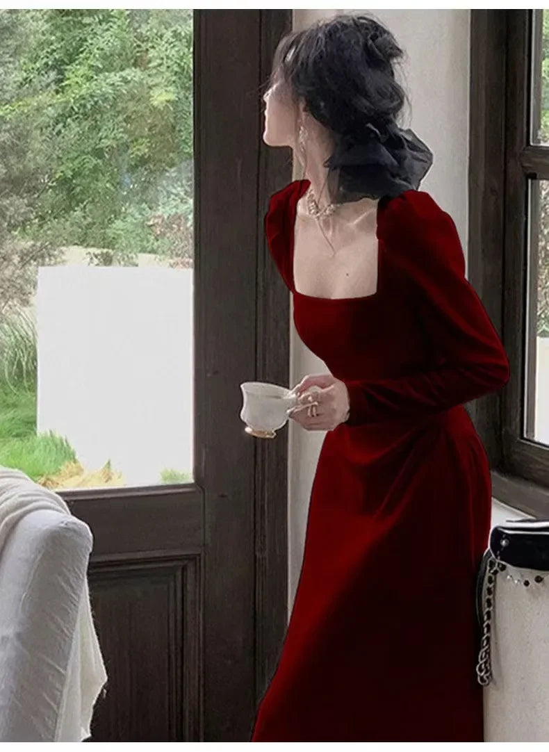 Red Long Sleeve Dress Wedding Dress Spring Autumn French Style Engagement Party Drinking Ceremony Bridal Gown Everyday Wear