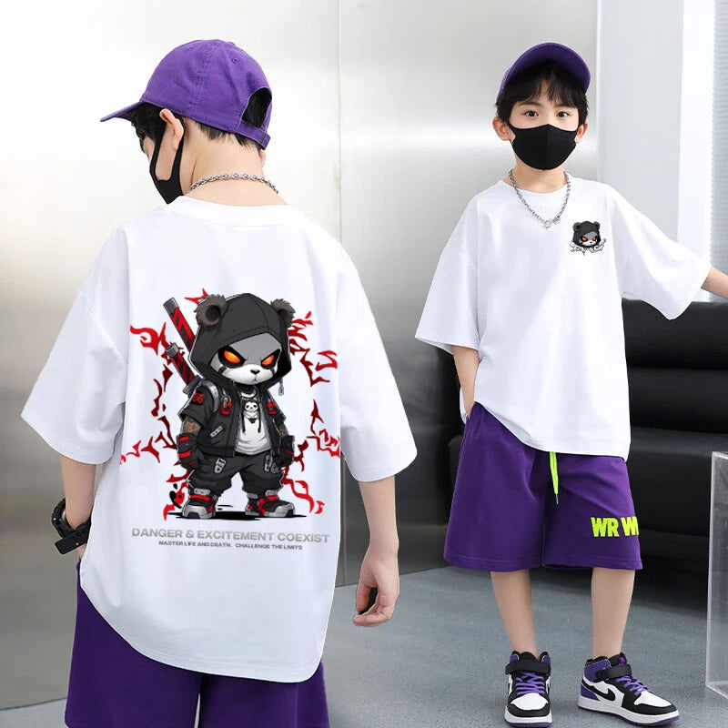 100% Cotton Boys T-shirt Summer Streetwear Cool Graffiti Print Girls Tees Short Sleeve Children Tops High Quality Kids Clothes